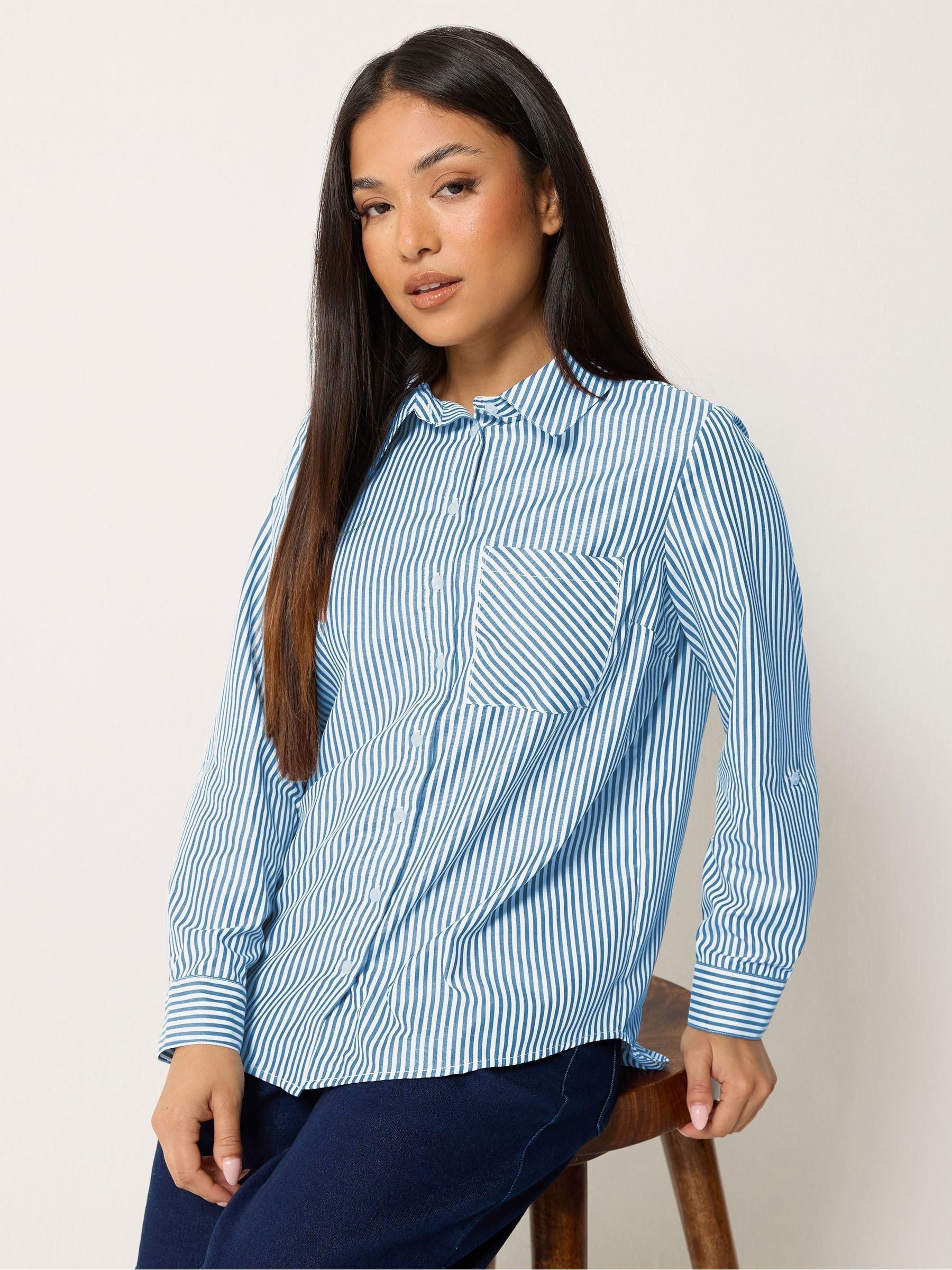 M & Co Women's Blue Petite Stripe Long Sleeve Shirt