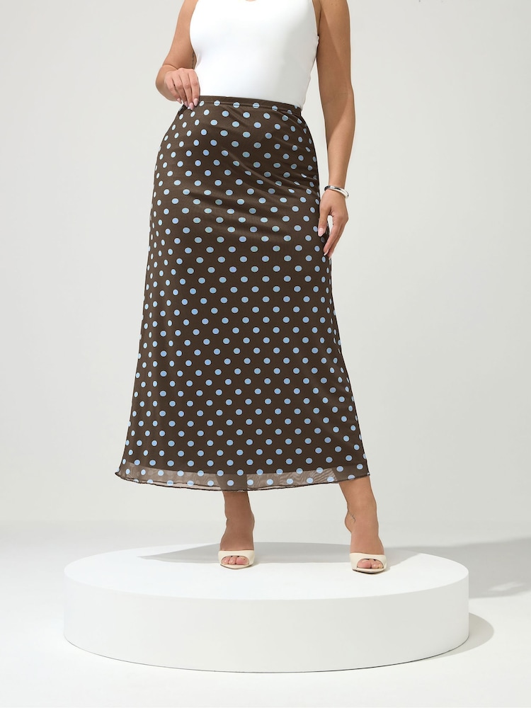 Yours Curve Chocolate Brown Polka Dot London Mesh Skirt - Image 1 of 6 Yours Curve Chocolate Brown Polka Dot London Mesh Skirt - Image 1 of 6