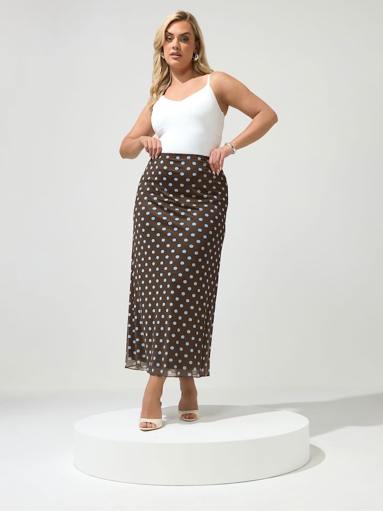 Yours Curve Chocolate Brown Polka Dot London Mesh Skirt - Image 2 of 6 Yours Curve Chocolate Brown Polka Dot London Mesh Skirt - Image 2 of 6