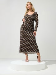 Yours Curve Chocolate Brown Polka Dot London Mesh Skirt - Image 5 of 6