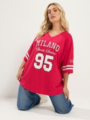 Yours Curve Red Placement Print Boxy Varsity T-Shirt - Image 1 of 7