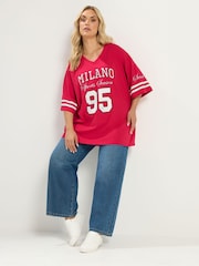 Yours Curve Red Placement Print Boxy Varsity T-Shirt - Image 3 of 7