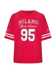 Yours Curve Red Placement Print Boxy Varsity T-Shirt - Image 6 of 7