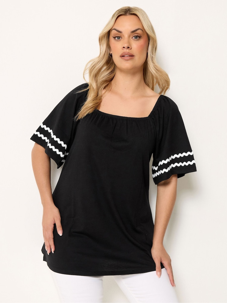 Yours Curve Black Ric Rac Square Neck T-Shirt - Image 1 of 4