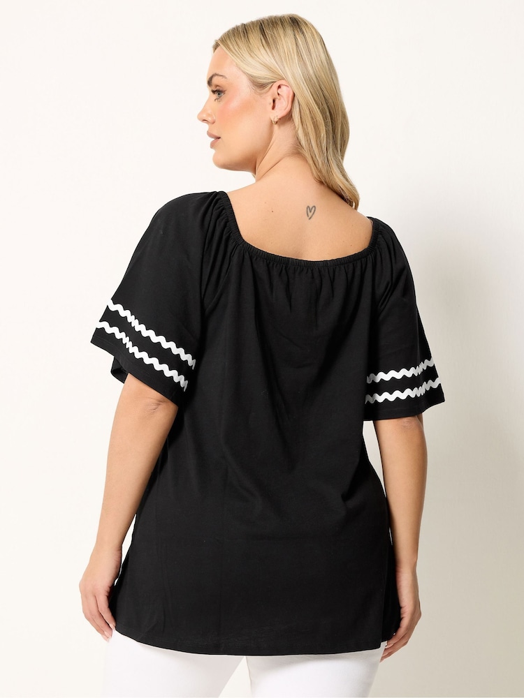 Yours Curve Black Ric Rac Square Neck T-Shirt - Image 2 of 4
