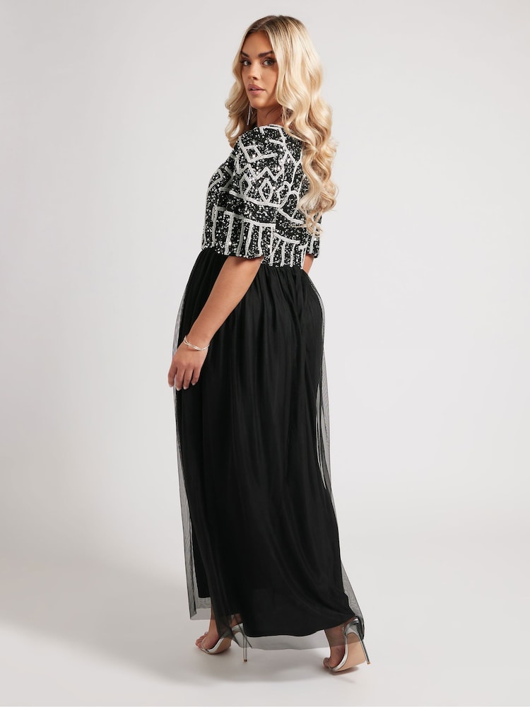 black maxi embellished dress Glossy | Black Woven Square-Neck Maxi Dress With Cape Sleeves and Hand-Embellished Detail