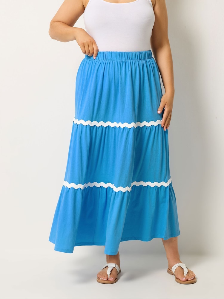 Yours Curve Blue Ric Rac Jersey Skirt - Image 1 of 5 Yours Curve Blue Ric Rac Jersey Skirt - Image 1 of 5