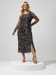 Yours Curve Brown London Mesh Side Knot Midi Dress - Image 1 of 5