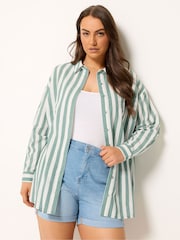 Yours Curve Green Long Sleeve Linen Blend Stripe Shirt - Image 1 of 6