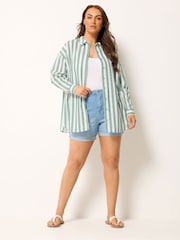 Yours Curve Green Long Sleeve Linen Blend Stripe Shirt - Image 3 of 6
