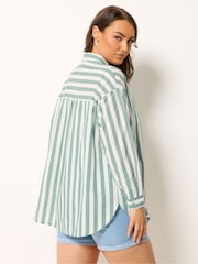 Yours Curve Green Long Sleeve Linen Blend Stripe Shirt - Image 4 of 6