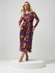 Yours Curve Purple London Mesh Side Knot Midi Dress - Image 1 of 5