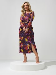 Yours Curve Purple London Mesh Side Knot Midi Dress - Image 2 of 5