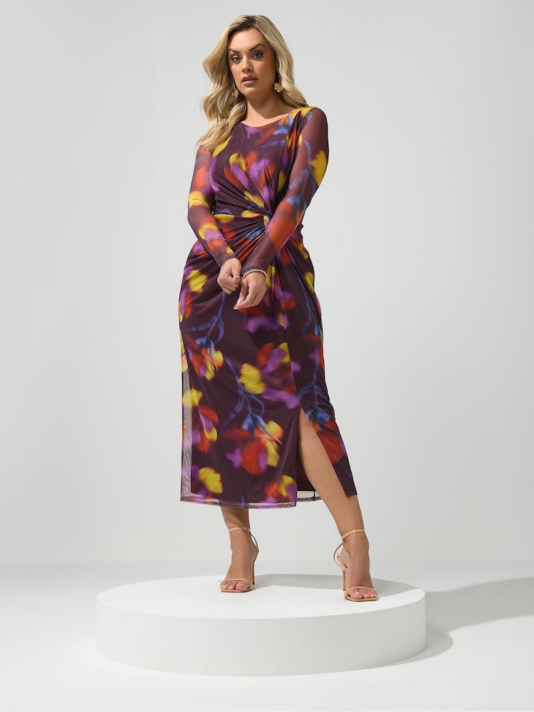 Yours Curve Purple London Mesh Side Knot Midi Dress - Image 2 of 5