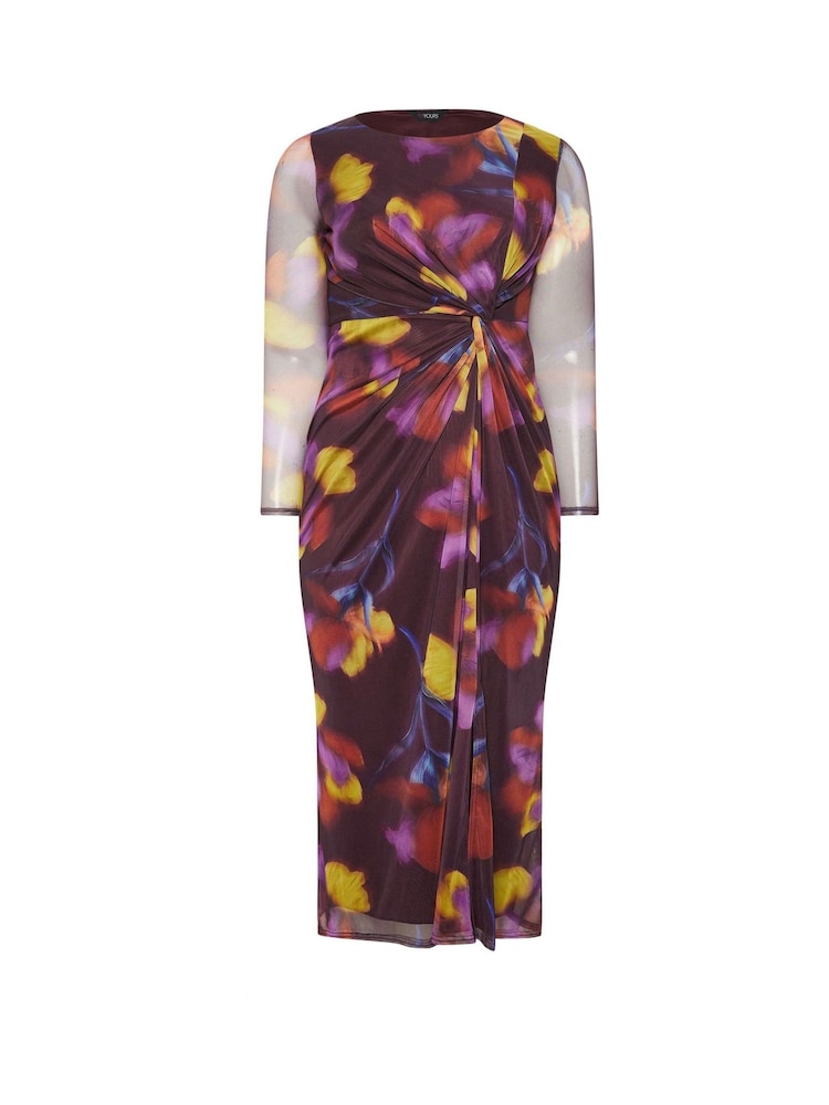 Yours Curve Purple London Mesh Side Knot Midi Dress - Image 5 of 5