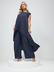 Yours Curve Blue London Pleated Top & Trousers Set - Image 1 of 6