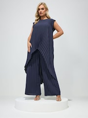 Yours Curve Blue London Pleated Top & Trousers Set - Image 2 of 6