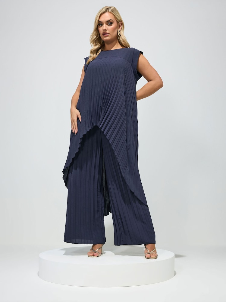 Yours Curve Blue London Pleated Top & Trousers Set - Image 2 of 6 Yours Curve Blue London Pleated Top & Trousers Set - Image 2 of 6