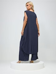 Yours Curve Blue London Pleated Top & Trousers Set - Image 3 of 6