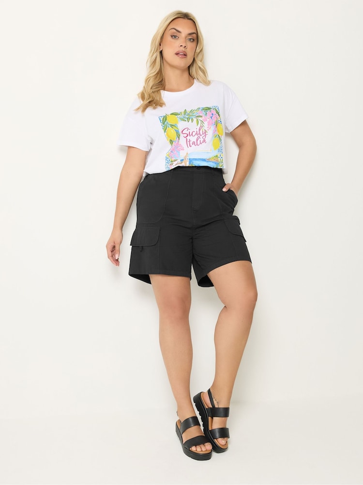 Yours Curve Black Poplin Cargo Shorts - Image 2 of 5 Yours Curve Black Poplin Cargo Shorts - Image 2 of 5