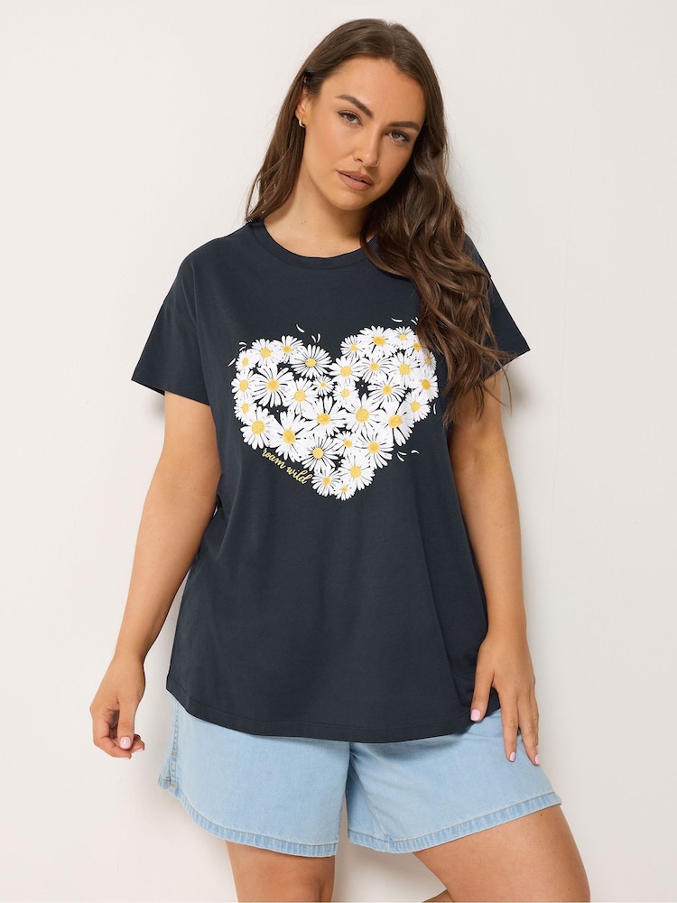 Yours Curve Blue Placement Print Core T-Shirt - Image 1 of 5