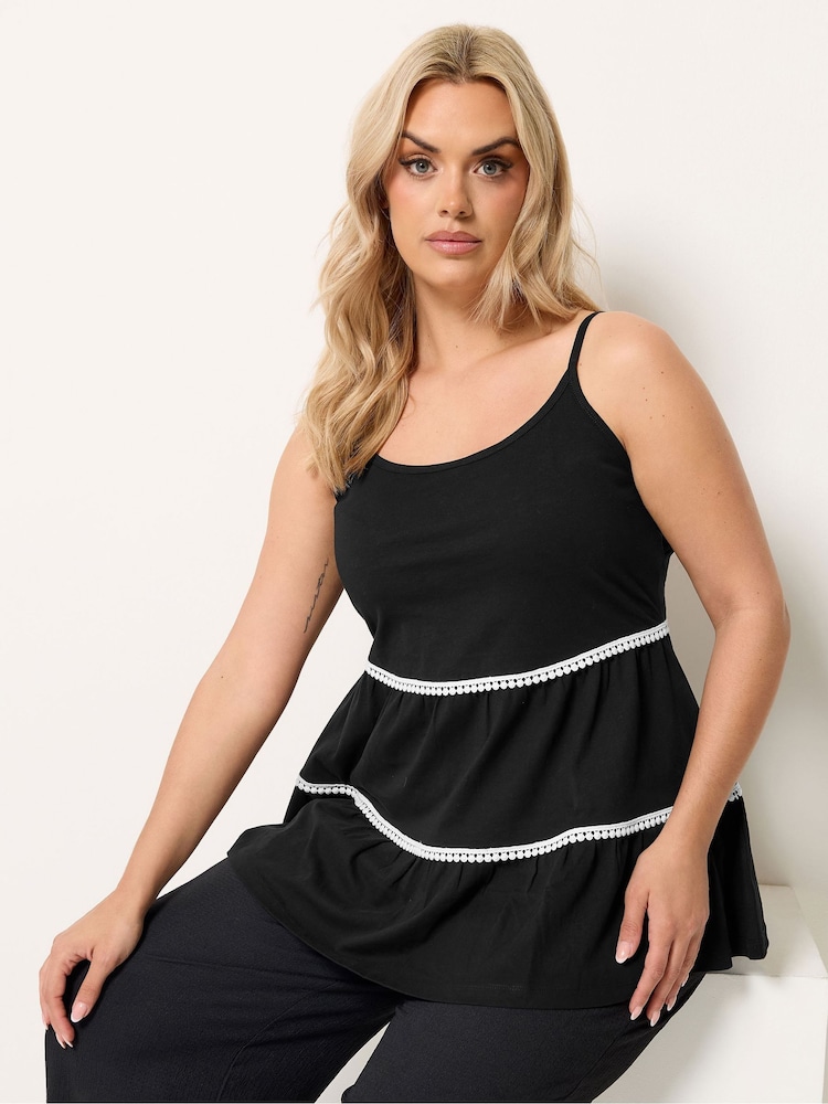 Yours Curve Black Pompom Strappy Tiered Vest - Image 1 of 4