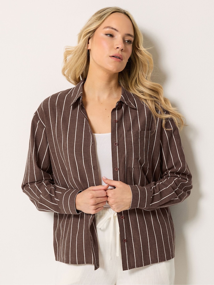Long Tall Sally Brown Pinstripe Linen Blend Shirt - Image 1 of 6 Long Tall Sally Brown Pinstripe Linen Blend Shirt - Image 1 of 6
