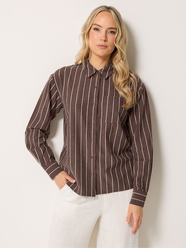 Long Tall Sally Brown Pinstripe Linen Blend Shirt - Image 2 of 6 Long Tall Sally Brown Pinstripe Linen Blend Shirt - Image 2 of 6