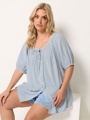 Yours Curve Blue Stripe Boho Blouse - Image 1 of 5