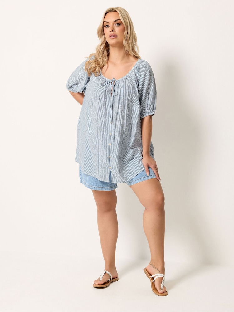 Yours Curve Blue Stripe Boho Blouse - Image 2 of 5 Yours Curve Blue Stripe Boho Blouse - Image 2 of 5
