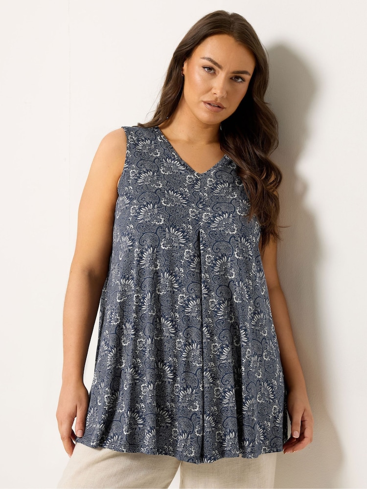 Yours Curve Blue Pleated Front Vest Top - Image 1 of 5