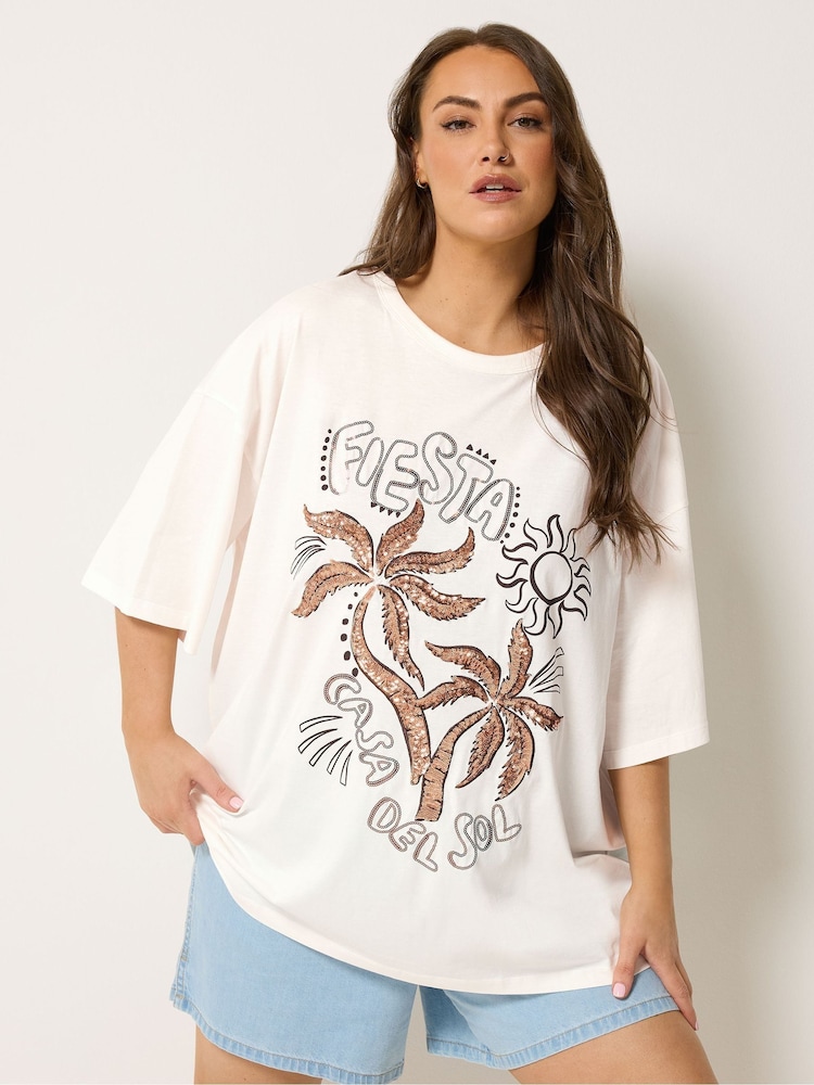 Yours Curve Cream Placement Fiesta Sequin Boxy T-Shirt - Image 1 of 5