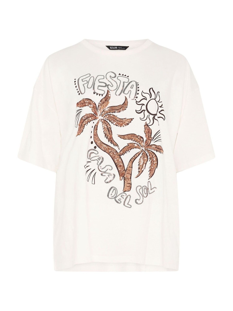 Yours Curve Cream Placement Fiesta Sequin Boxy T-Shirt - Image 5 of 5