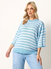 Yours Curve Blue Stripe Short Sleeve Knitted Crew Neck Jumper - Image 1 of 4