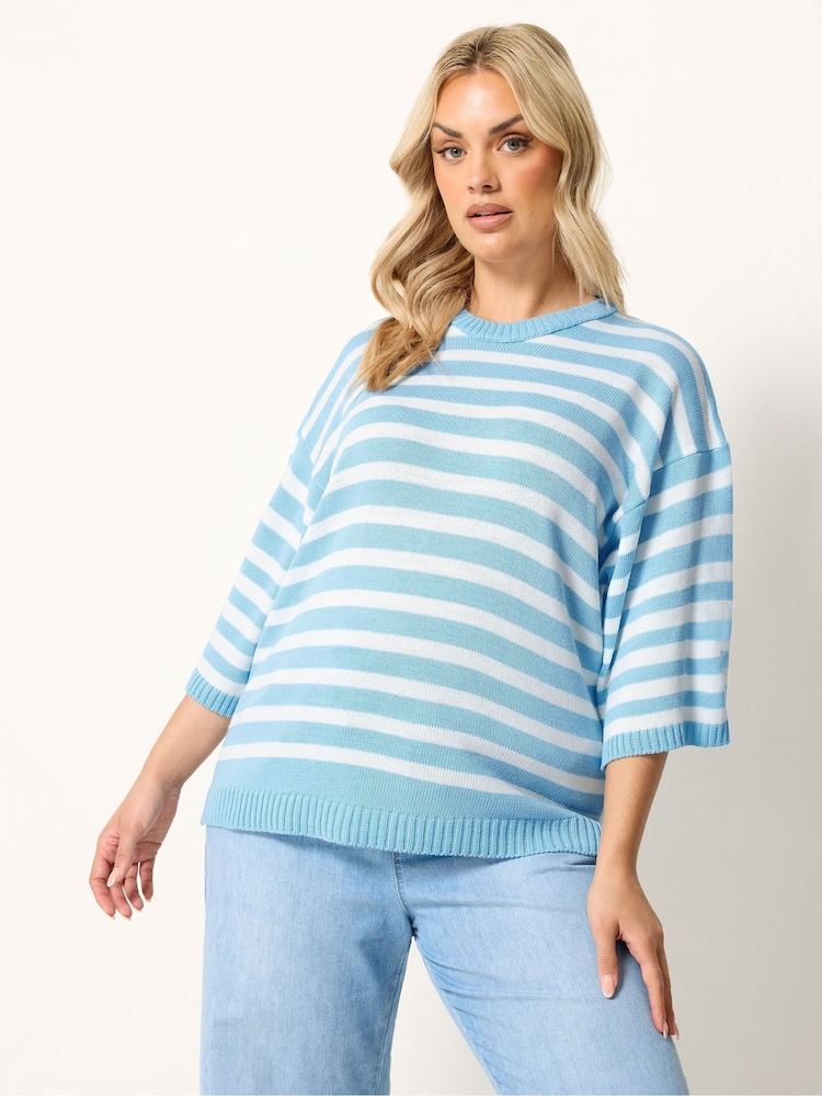 Yours Curve Blue Stripe Short Sleeve Knitted Crew Neck Jumper - Image 1 of 4