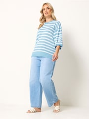 Yours Curve Blue Stripe Short Sleeve Knitted Crew Neck Jumper - Image 2 of 4