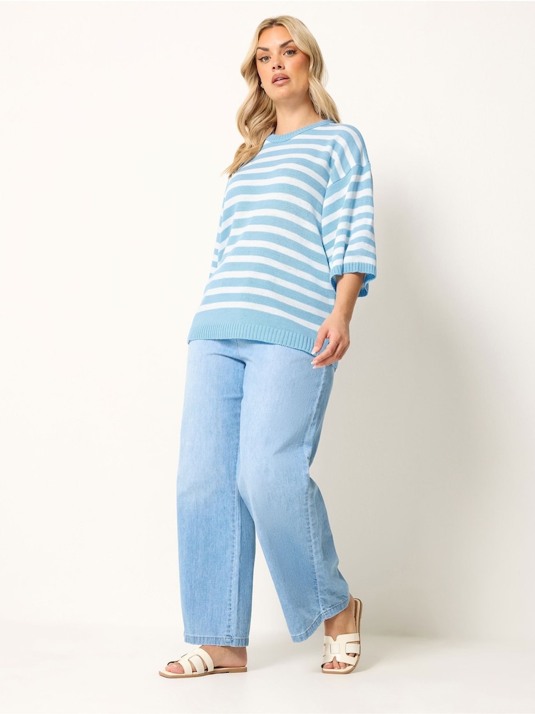 Yours Curve Blue Stripe Short Sleeve Knitted Crew Neck Jumper - Image 2 of 4