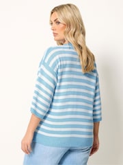 Yours Curve Blue Stripe Short Sleeve Knitted Crew Neck Jumper - Image 3 of 4
