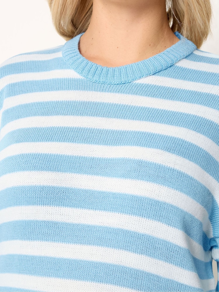 Yours Curve Blue Stripe Short Sleeve Knitted Crew Neck Jumper - Image 4 of 4