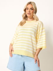 Yours Curve Yellow Stripe Short Sleeve Knitted Crew Neck Jumper - Image 1 of 5