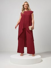 Yours Curve Red London Pleated Top & Trousers Set - Image 2 of 6