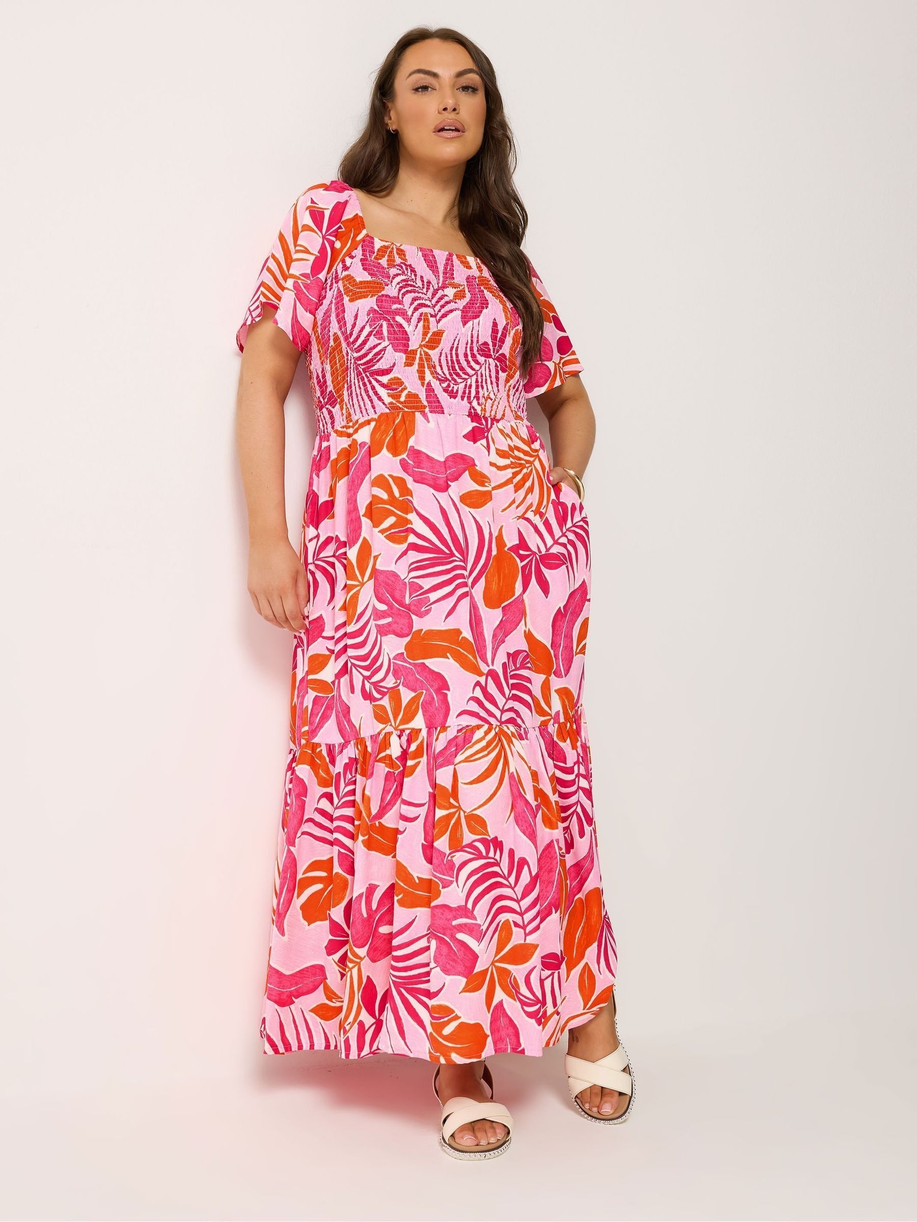 Yours Curve Women's Pink Shirred Tiered Square Neck Maxi Dress