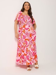 Yours Curve Pink Shirred Tiered Square Neck Maxi Dress - Image 1 of 2