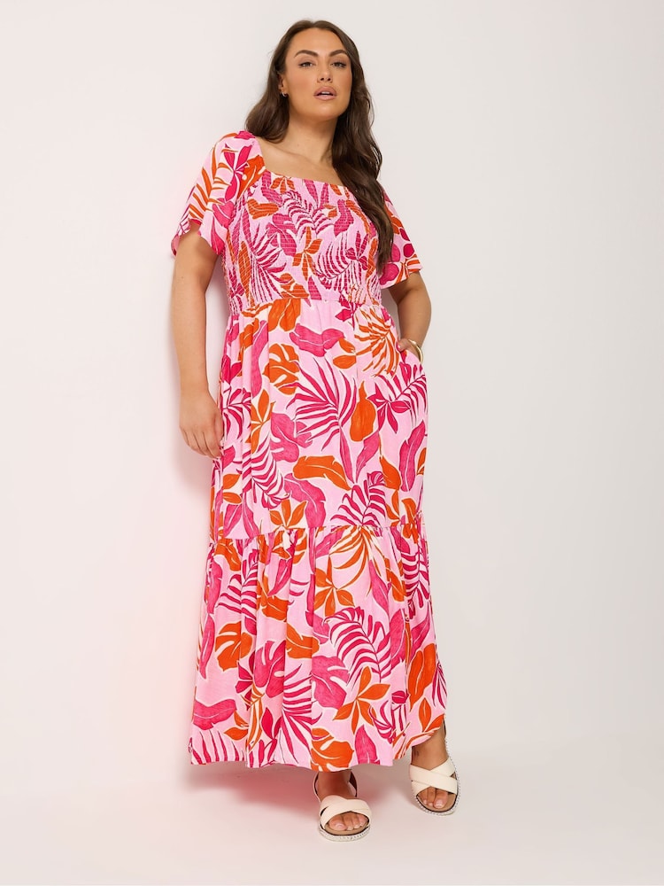 Yours Curve Pink Shirred Tiered Square Neck Maxi Dress - Image 1 of 2