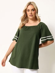 Yours Curve Khaki Green Ric Rac Square Neck T-Shirt - Image 1 of 5