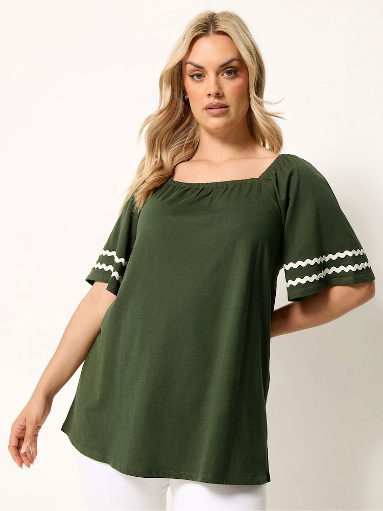 Yours Curve Khaki Green Ric Rac Square Neck T-Shirt - Image 1 of 5