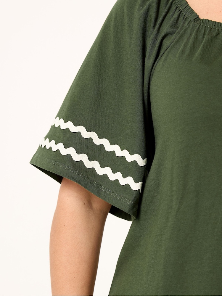 Yours Curve Khaki Green Ric Rac Square Neck T-Shirt - Image 2 of 5