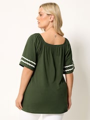 Yours Curve Khaki Green Ric Rac Square Neck T-Shirt - Image 3 of 5