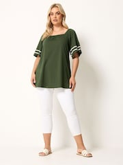 Yours Curve Khaki Green Ric Rac Square Neck T-Shirt - Image 4 of 5
