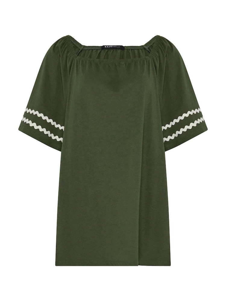 Yours Curve Khaki Green Ric Rac Square Neck T-Shirt - Image 5 of 5